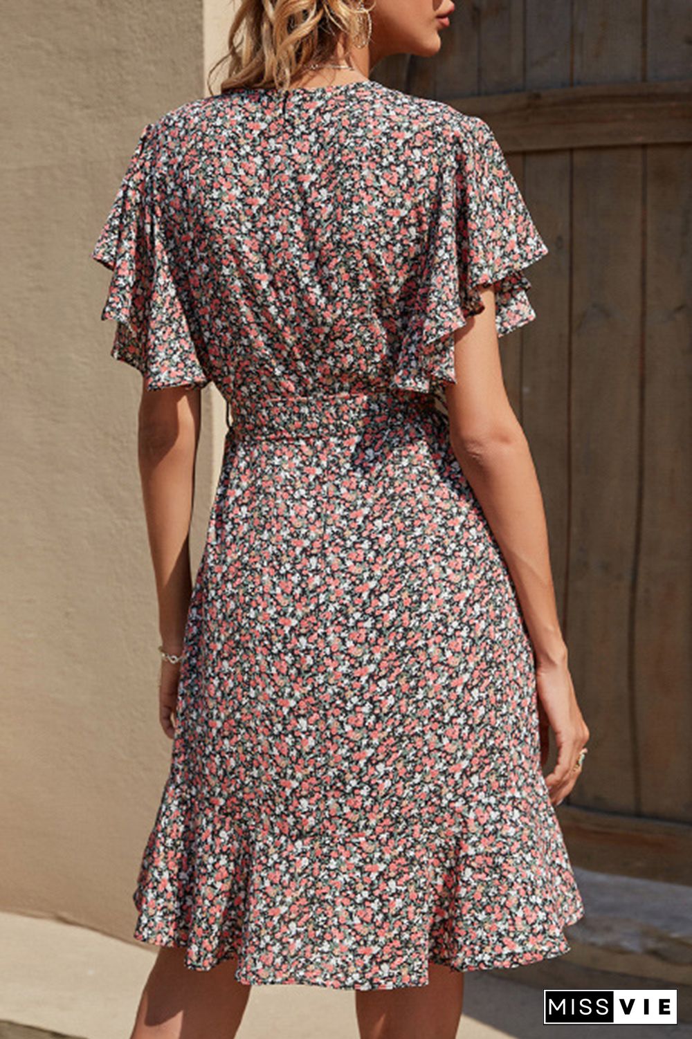 Fashion Elegant Floral Split Joint With Belt V Neck A Line Dresses