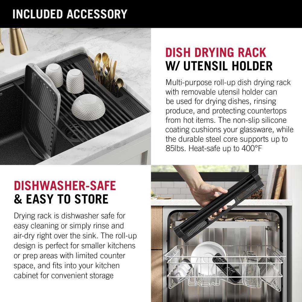 Delta Everest Black Granite Composite 32 in. Single Bowl Undermount Kitchen Sink with Accessories 75B933-33S-BL