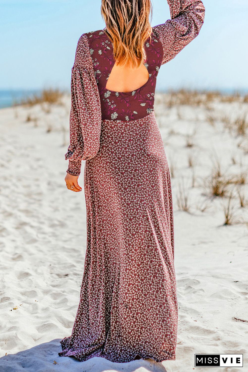 V Neck Puffy Sleeve Maxi Floral Dress