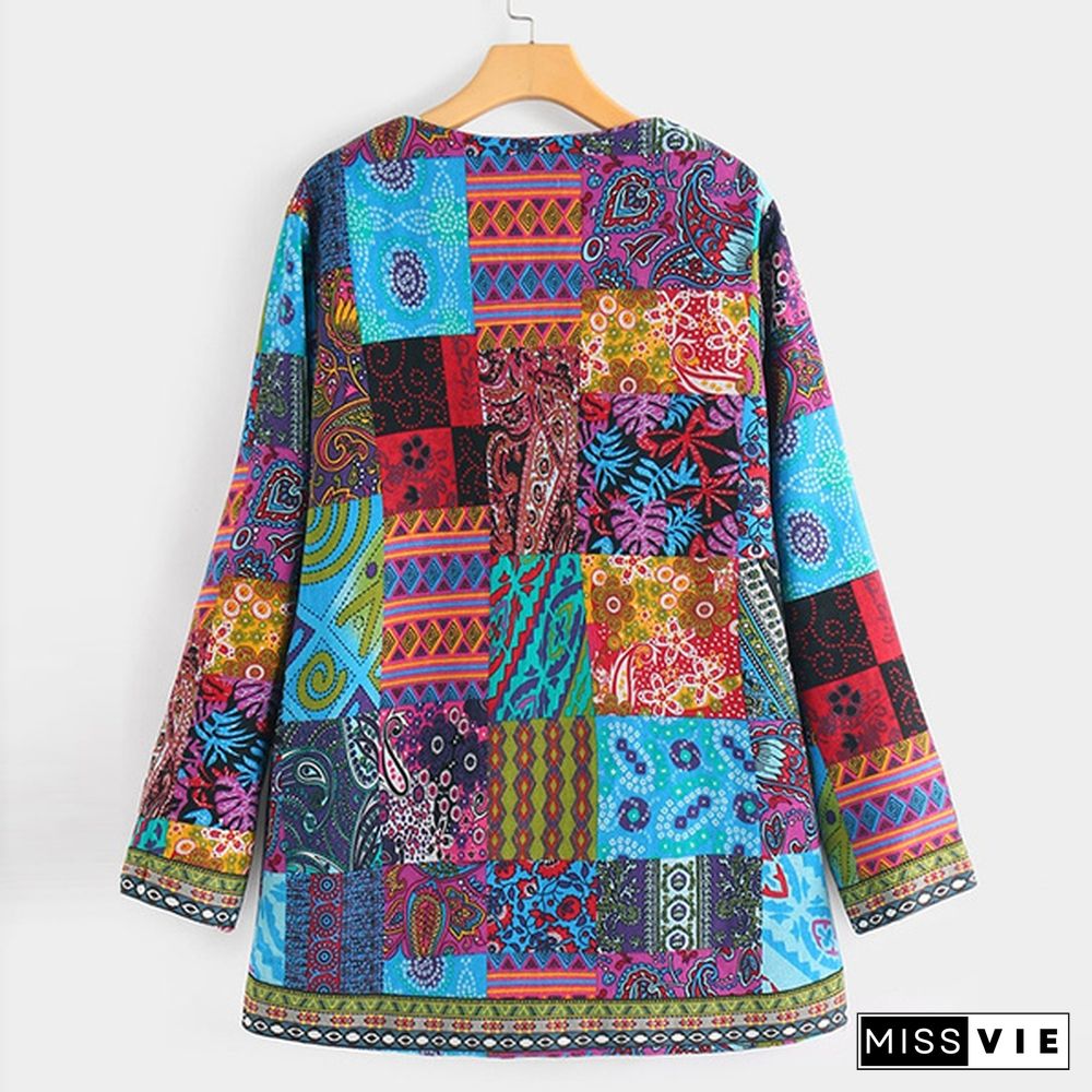 Women  Casual Loose Ethnic Open Front Cardigan Autumn Spring Fashion Floral Print Outwear JacketLong Sleeve Thin Coat Plus Size S-5XL