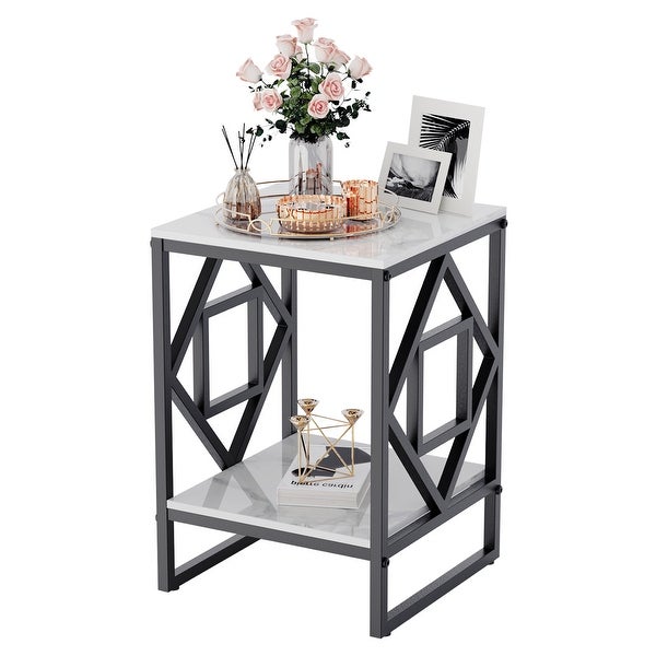 Metal Geometric-Base 2-Tier Marble End Table