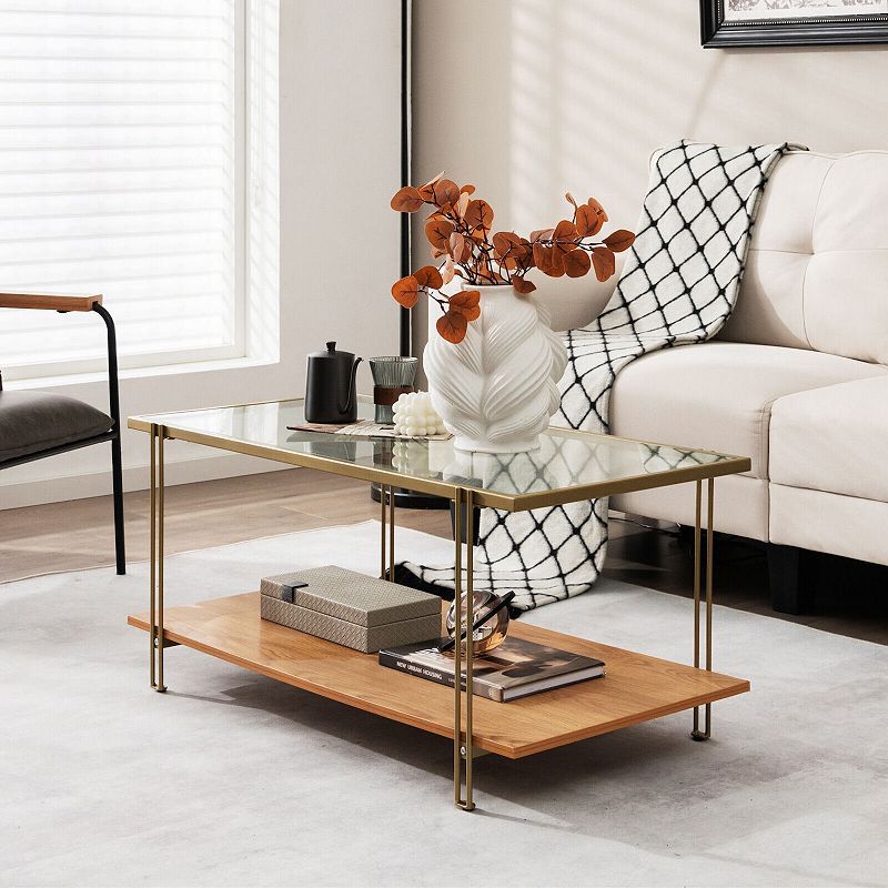 2 Tiers Rectangle Glass Coffee Table with White and Gold Steel Frame-Golden