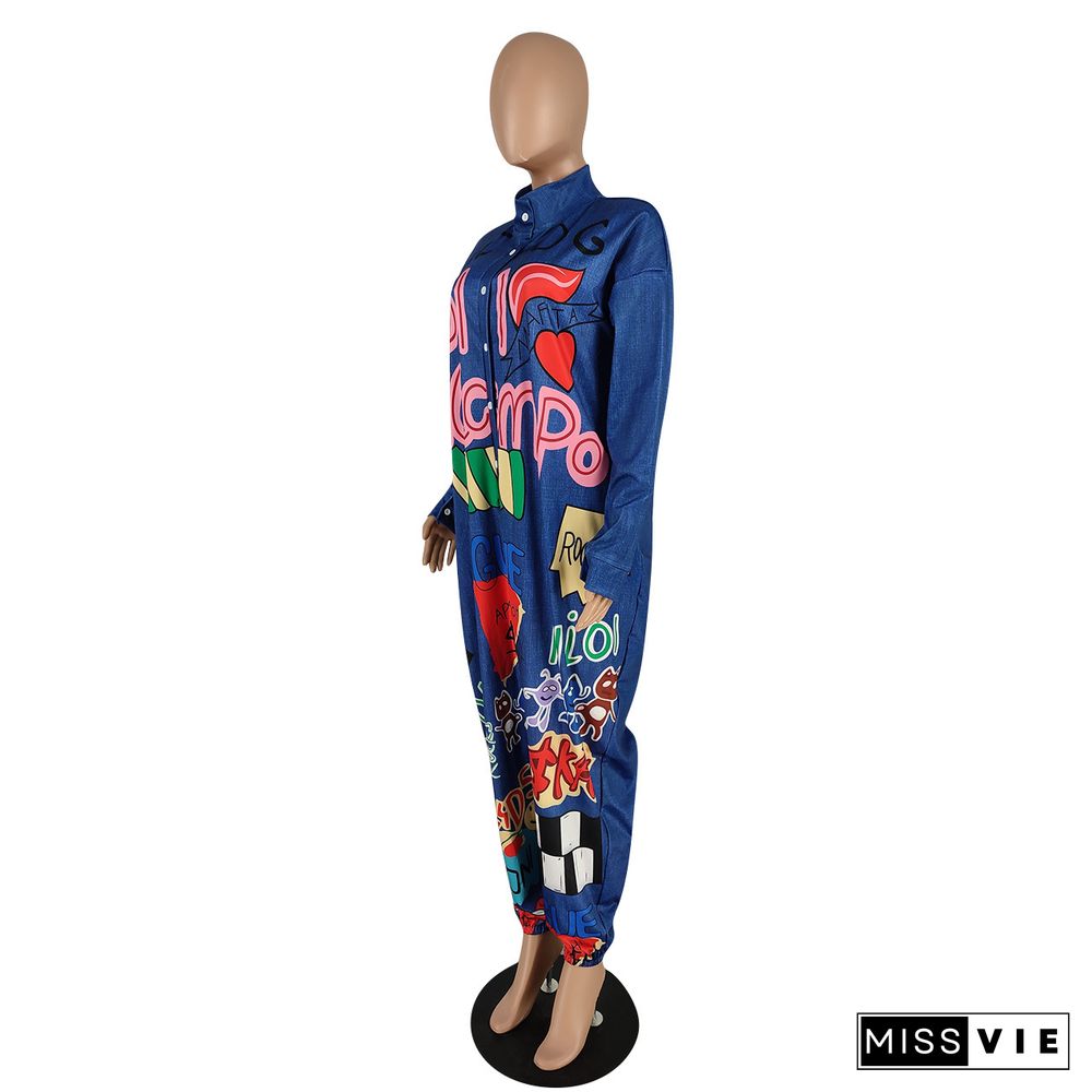 Coloured Pattern Print Long Sleeve Button Loose-fitting Jumpsuit