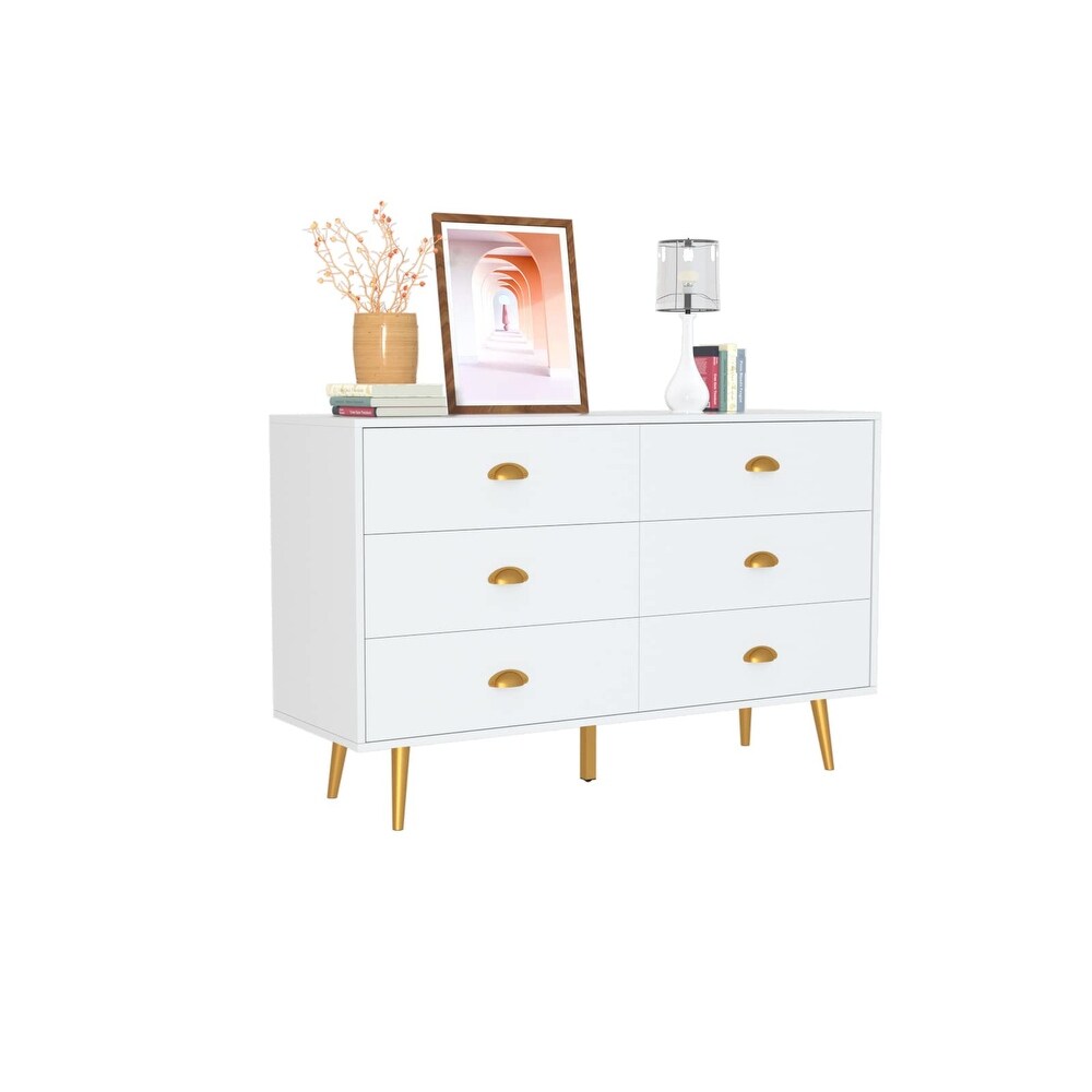 Modern Dresser for Bedroom  6 Drawer Dresser with Wide Drawers and Metal Handles  Wooden Double Dressers   Chest of Drawers