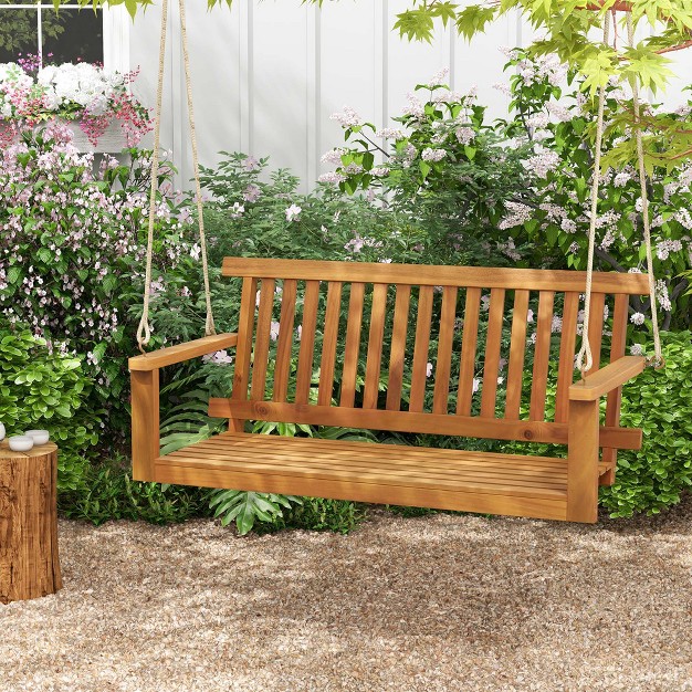 Costway 2 seat Porch Swing Bench Acacia Wood Chair With 2 Hanging Hemp Ropes For Backyard