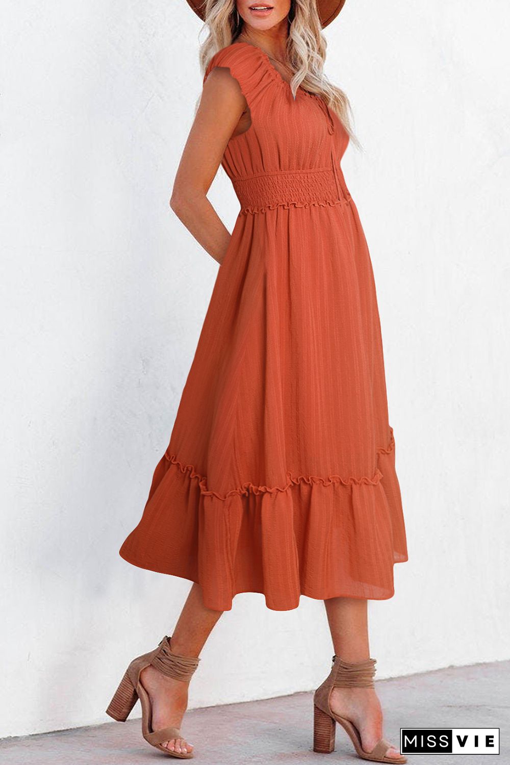 Puff Sleeve Tied V-Neck Smock Waist Frill Midi Dress