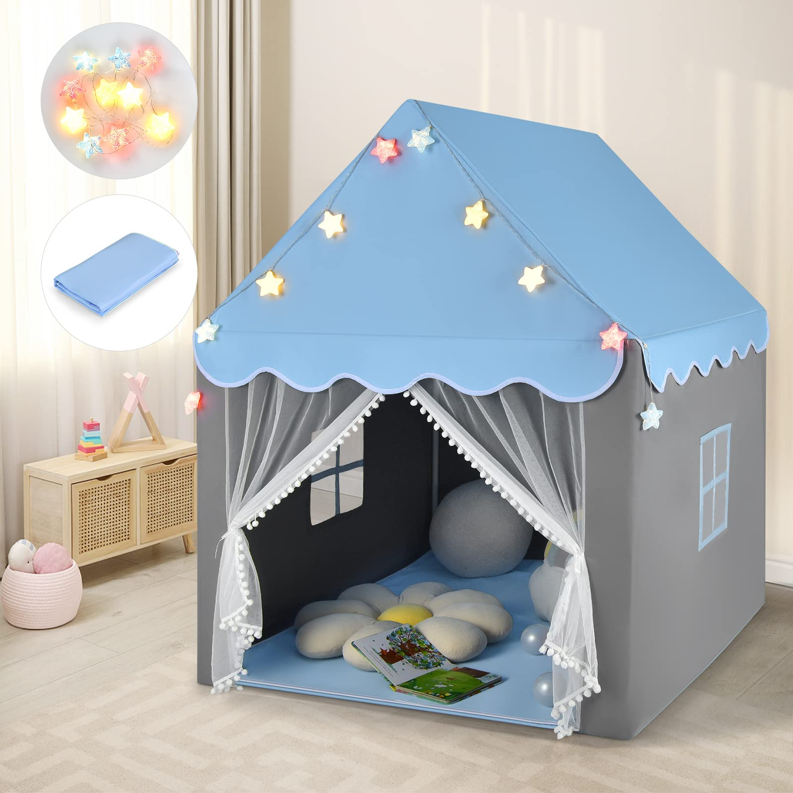 Costzon Kids Play Tent, Playhouse Tent w/ Washable Cotton Mat, Star String Lights