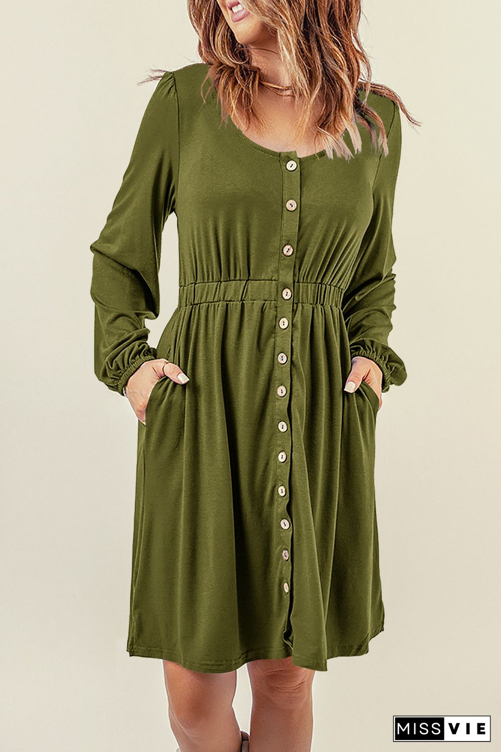 Green Button Up High Waist Long Sleeve Dress