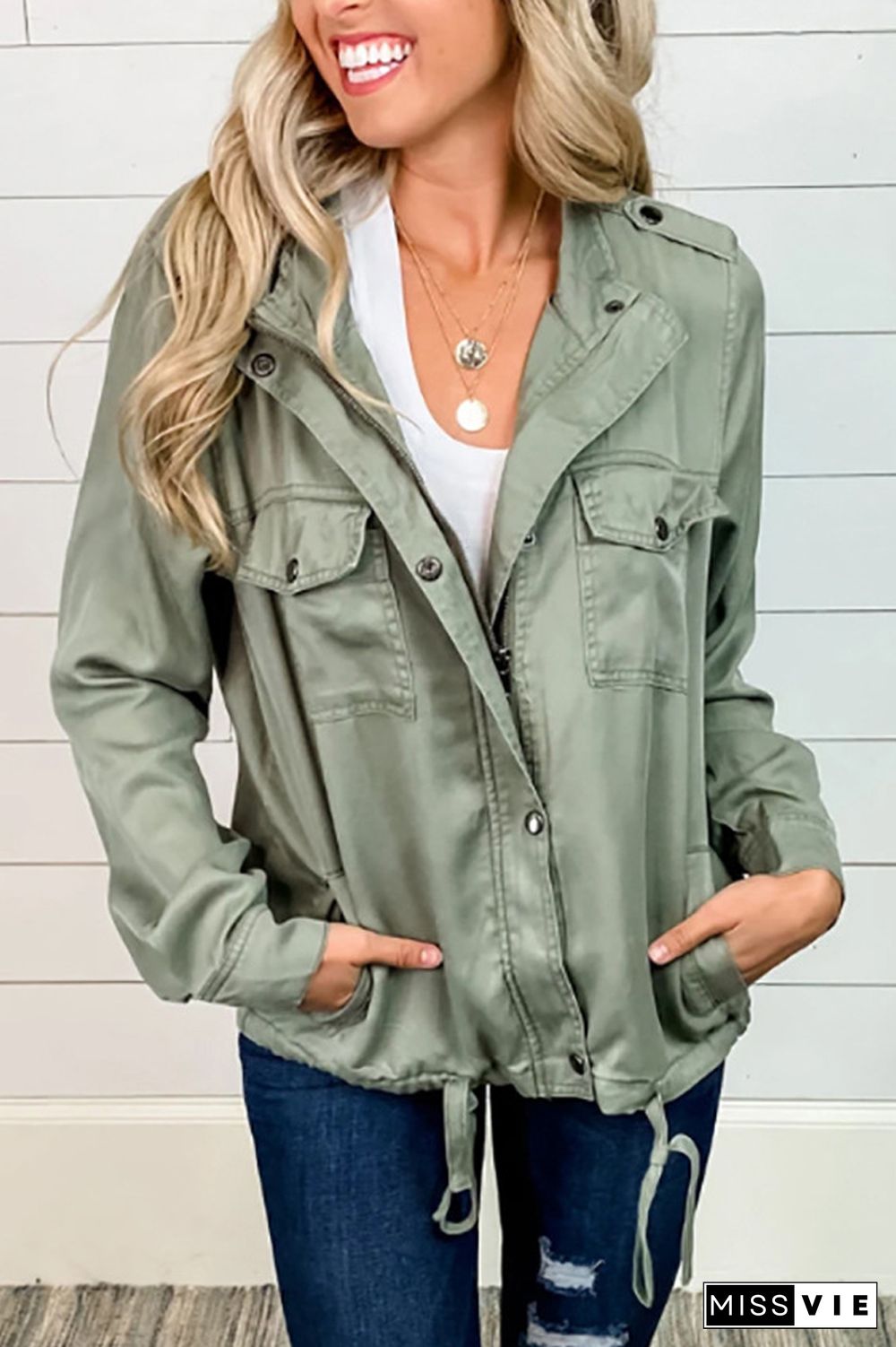 Solid Zipper Drawstring Jacket