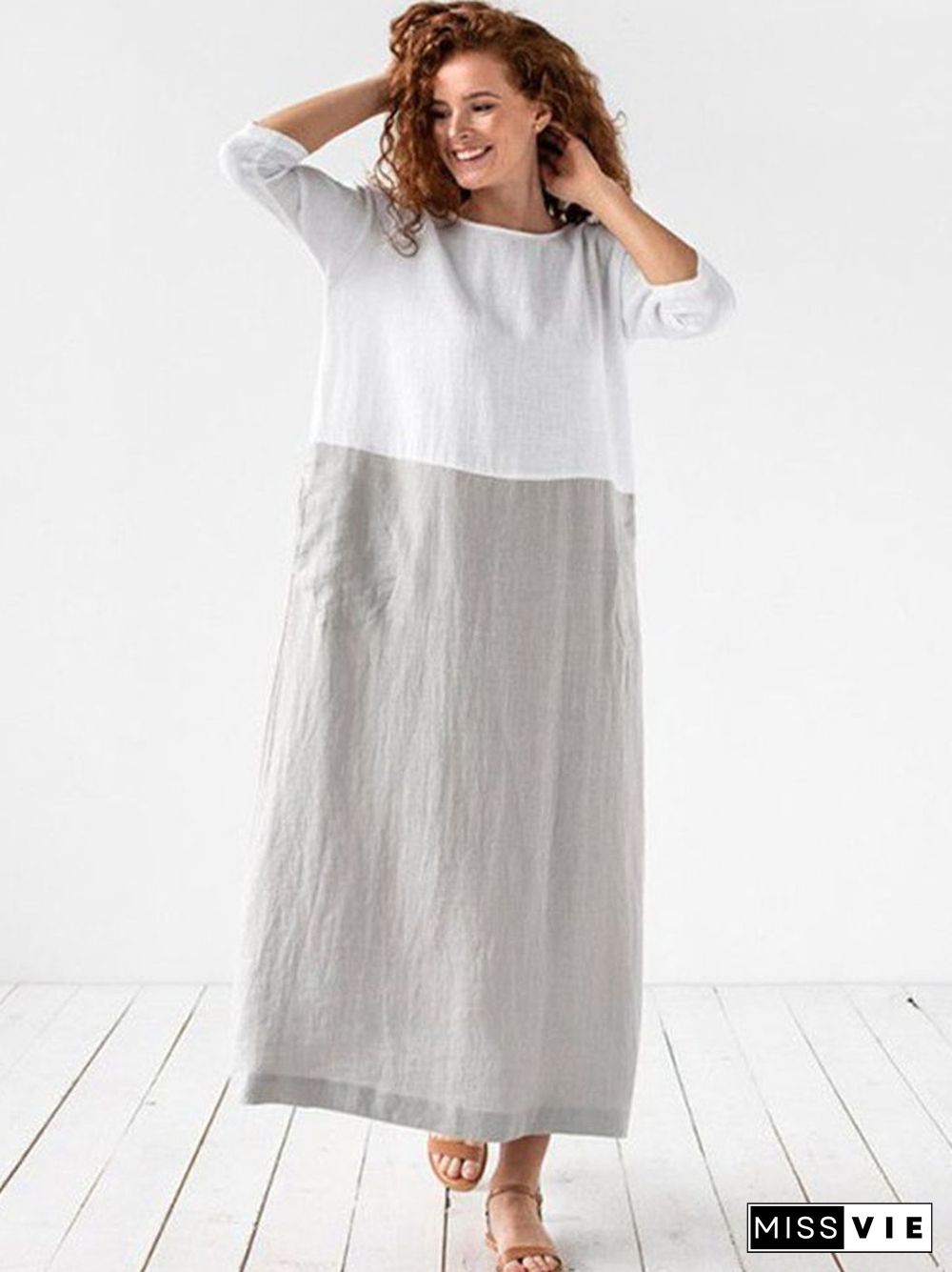 Loose Solid Cotton Linen Patchwork Dress Round Neck Seven Sleeve Skirt