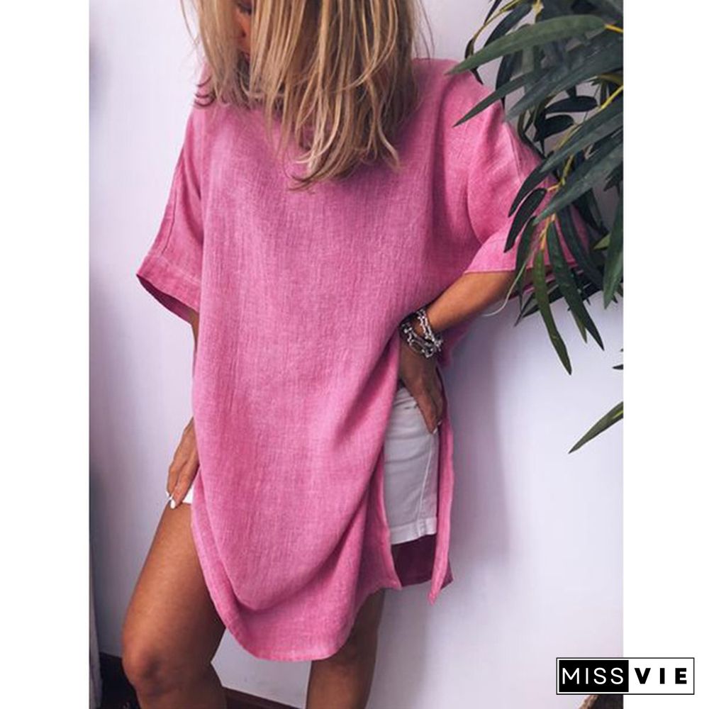 Women's Summer Casual Short Sleeve Plus Size Oversized T-shirt Dress Solid Color Loose Slit Hem Long Linen Blouses Side Slit Beach Wear Party Dress