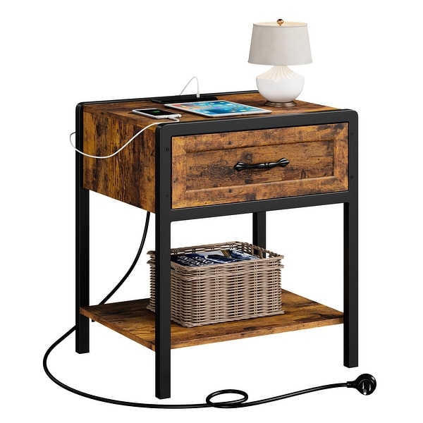 Nightstand with Charging Station， Modern Side Table End Table with 1 Drawer