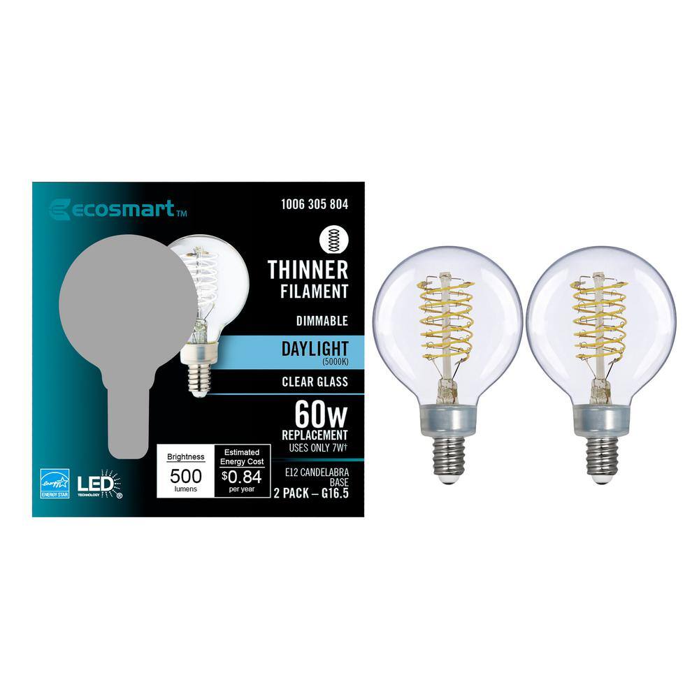 EcoSmart 60-Watt Equivalent G16.5 Dimmable Fine Bendy Filament LED Vintage Edison Light Bulb Daylight (2-Pack) G16.5C7E12850S