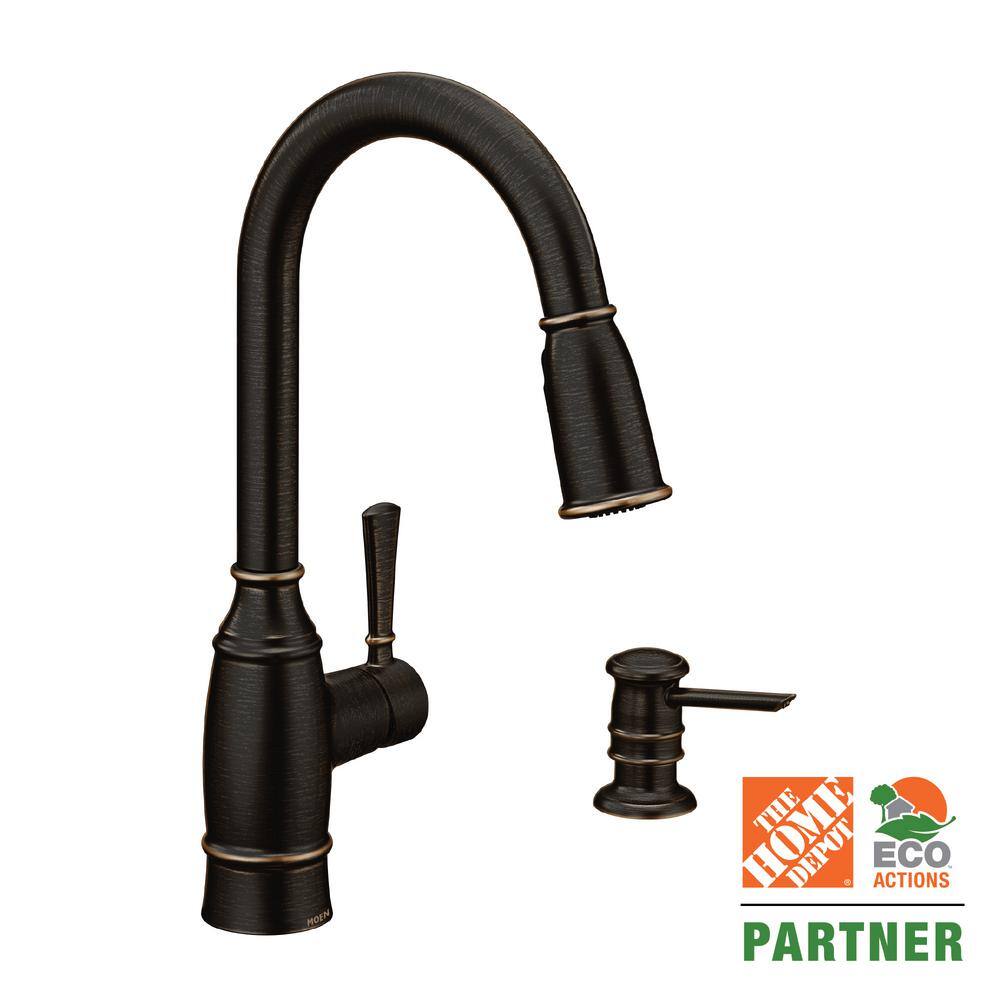 MOEN Noell Single-Handle Pull-Down Sprayer Kitchen Faucet with Reflex Soap Dispenser and Power Clean in Mediterranean Bronze 87791BRB