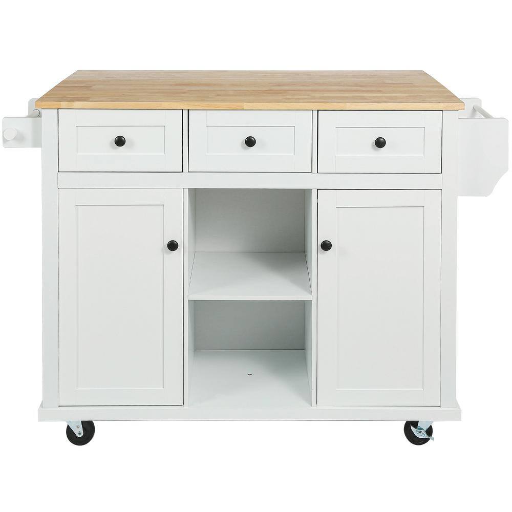 White Rubber Wood Drop-Leaf Countertop 53.1 in. W Kitchen Island with Storage Cabinet and 3-Drawers cartjinx12