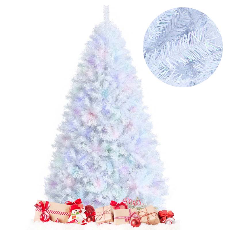 6/7/8FT White Iridescent Hinged Artificial Christmas Tree with 792/1156/1636 Branch Tips & Metal Stand