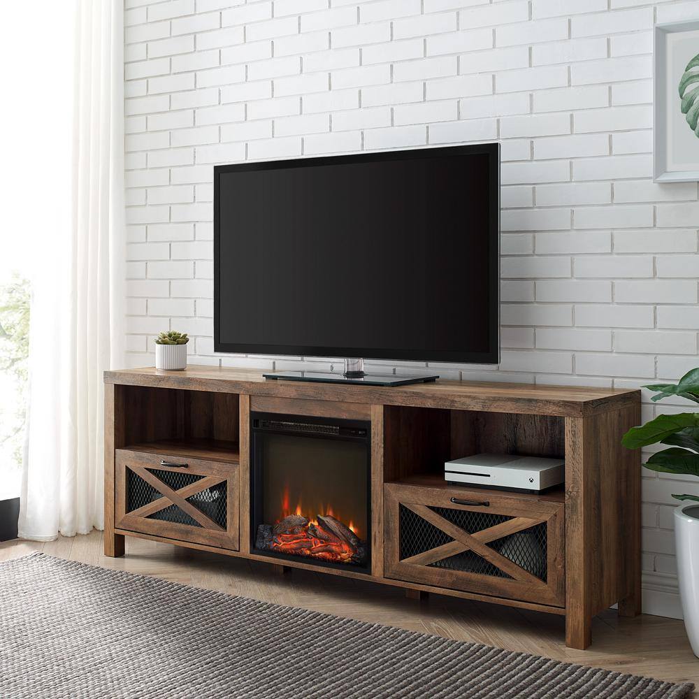 Walker Edison Furniture Company Abilene 70 in. Barnwood TV Stand with Electric Fireplace (Max tv size 78 in.) HD8105