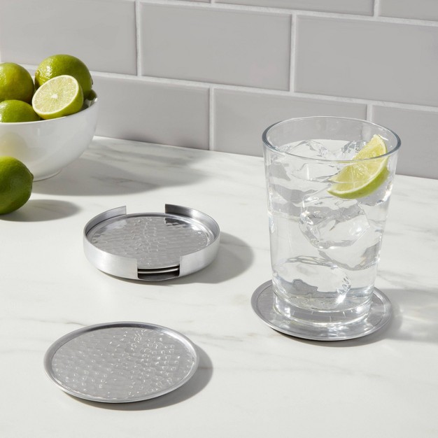 4pk Metal Coasters With Holder Silver