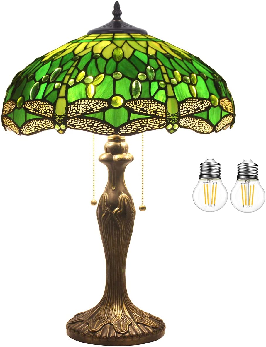 Tiffany Style Table Lamp Green Stained Glass Dragonfly Bedside Lamp 16X16X24 Inch Desk Reading Light Metal Base Decor Bedroom Living Room Home Office S459 Series