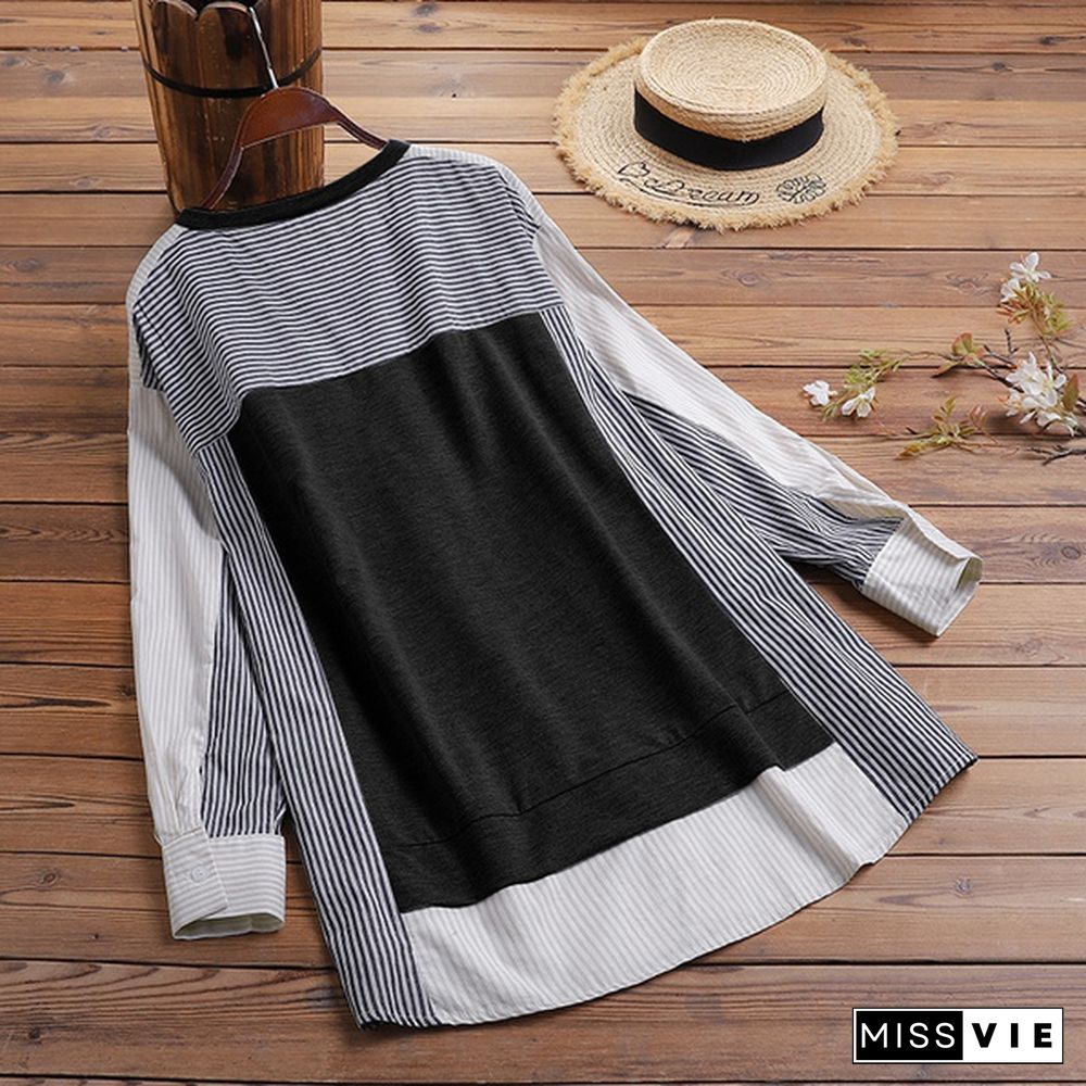 Women Casual Full Sleeved Top O Neck Cotton Holiday Spring Patchwork Retro Shirt Blouse Plus Size