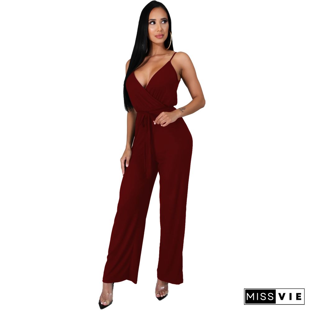 Women Elegant Summer Deep V Neck Sleeveless Solid Color Wide Leg Spaghetti Strap Bandage Jumpsuit