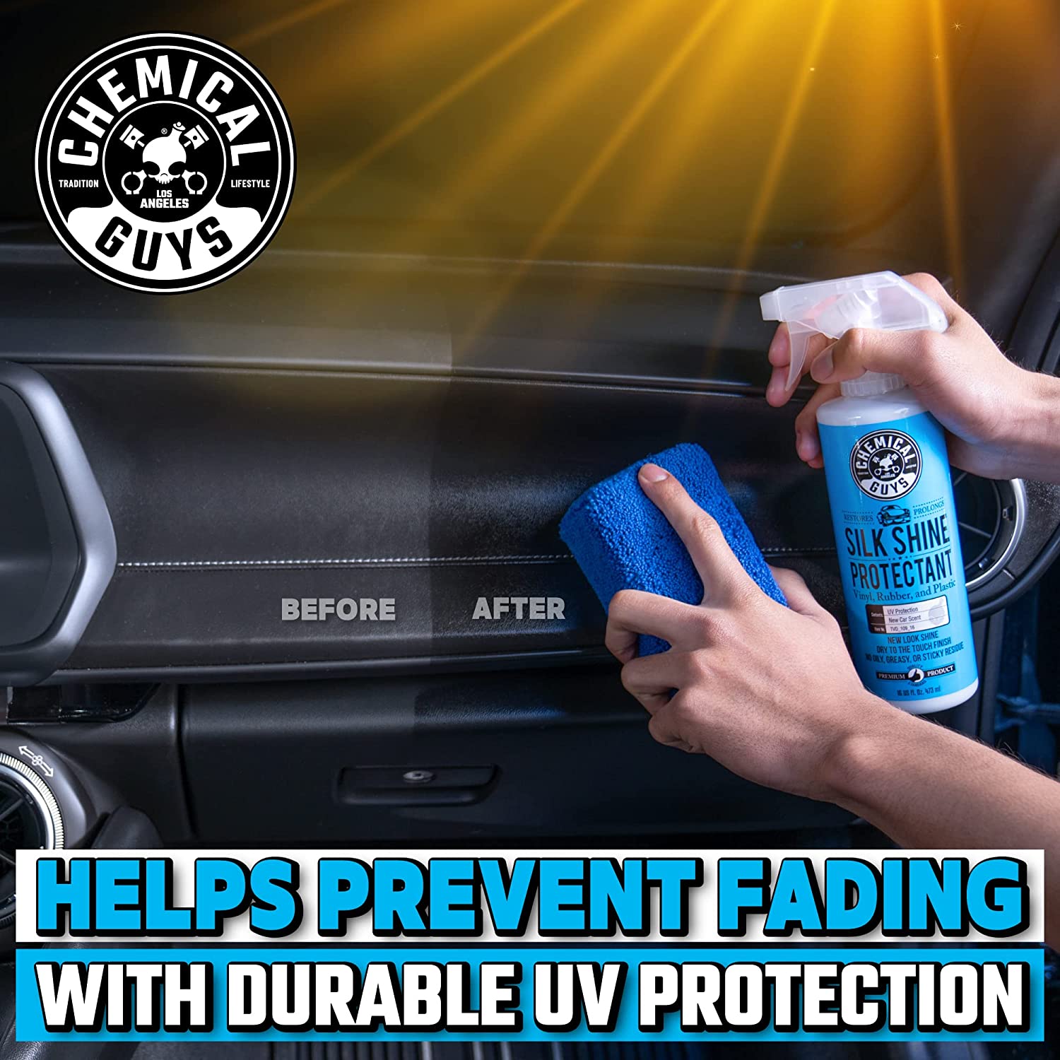 Chemical Guys TVD_109 Silk Shine Sprayable Dry-To-The-Touch Dressing and Protectant for Tires， Trim， Vinyl， Plastic and More， Safe for Cars， Trucks， Motorcycles， RVs and More， 128 fl oz (1 Gallon)