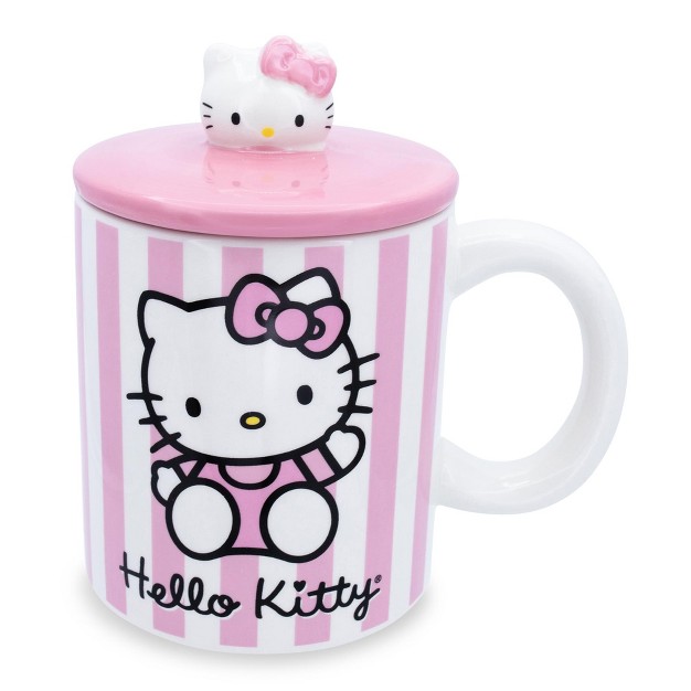 Silver Buffalo Sanrio Hello Kitty Pink Stripes Ceramic Mug With Lid Holds 18 Ounces