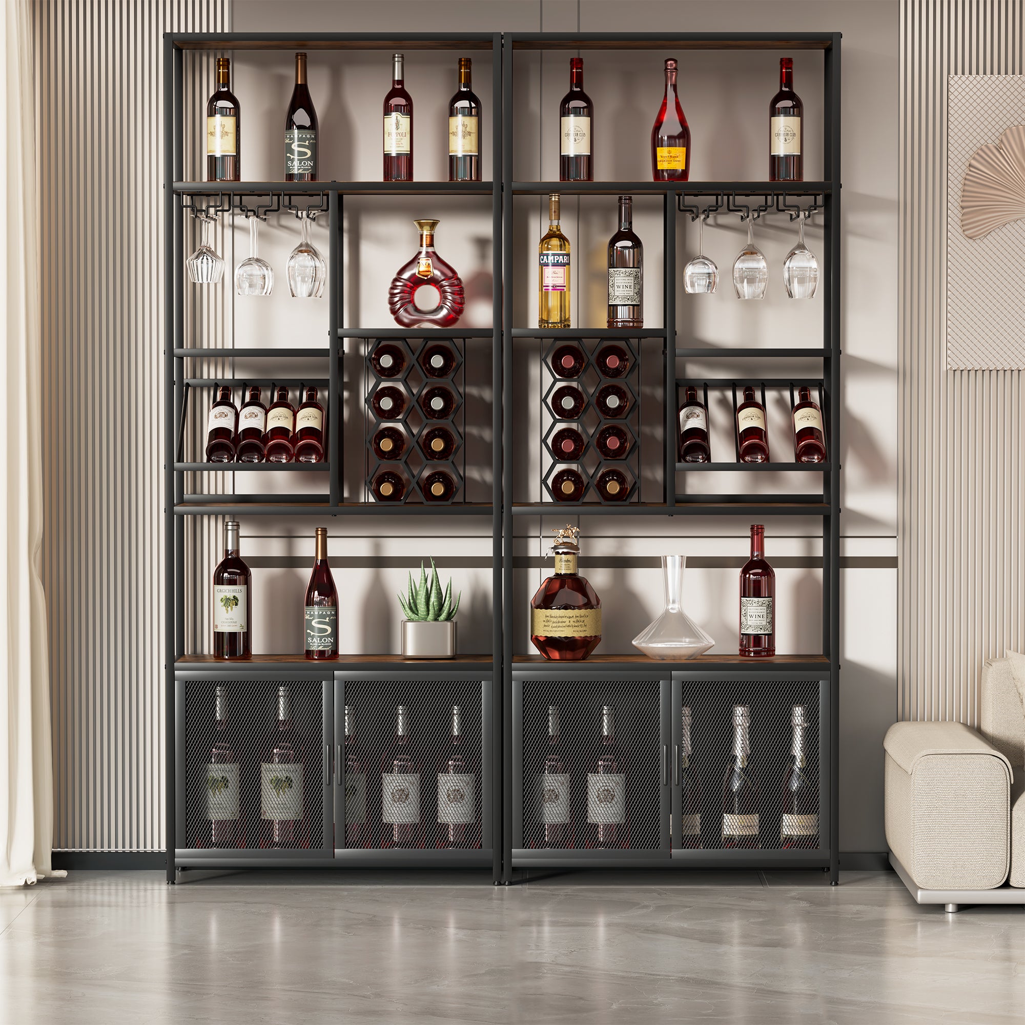 Industrial Vertical Wine Rack with Glass Shelves, 82.7 inch Tall Freestanding Floor Standing Bar Cabinet