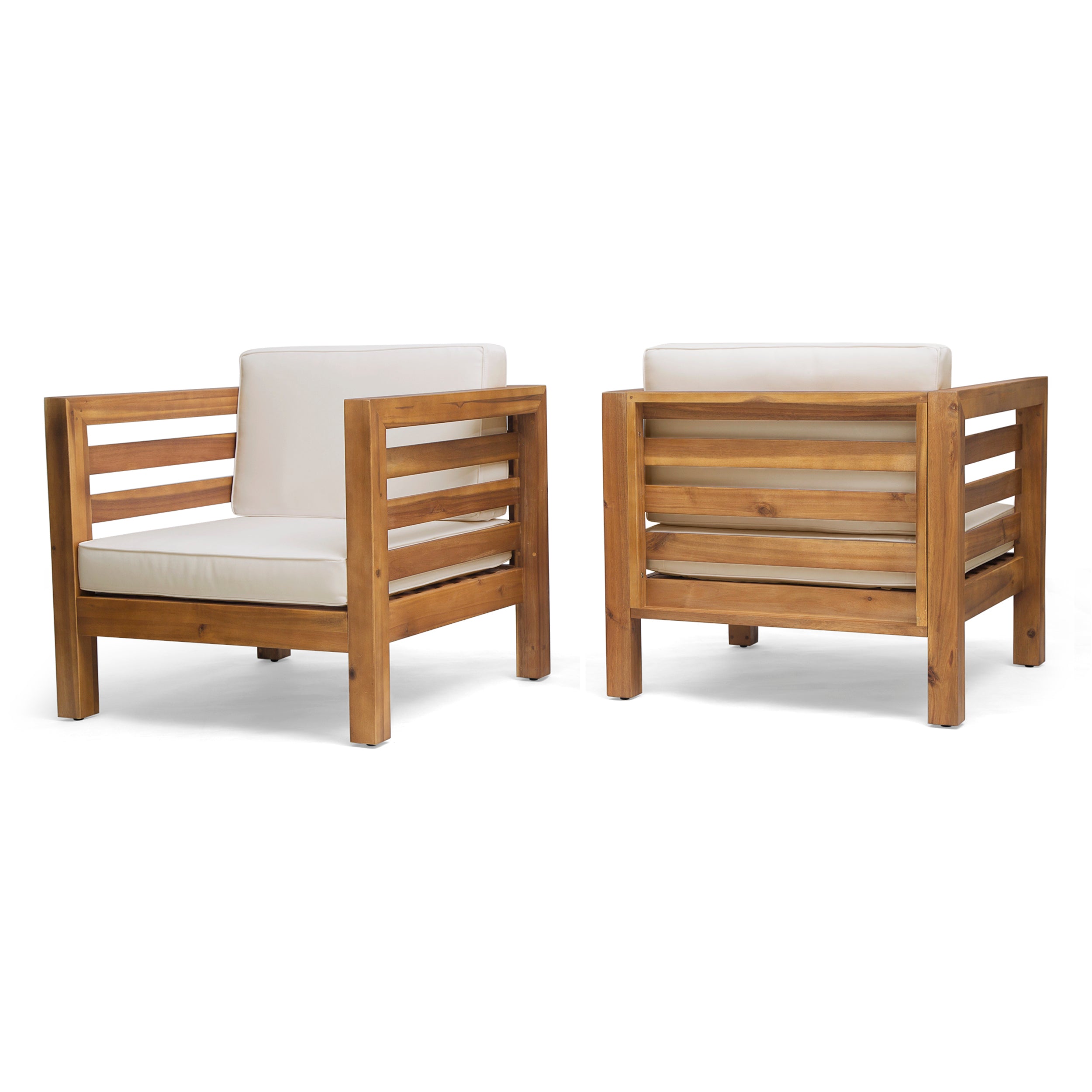 Louise Outdoor Acacia Wood Club Chairs with Cushions (Set of 2)