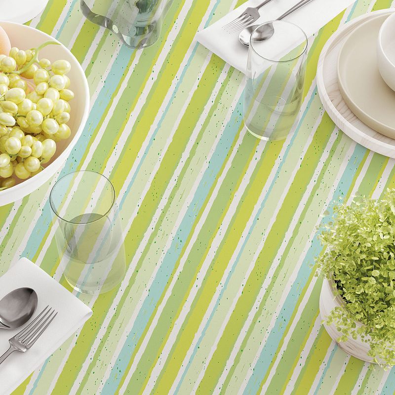 Square Tablecloth， 100% Polyester， 54x54， Green Stripes and Ink Splatter