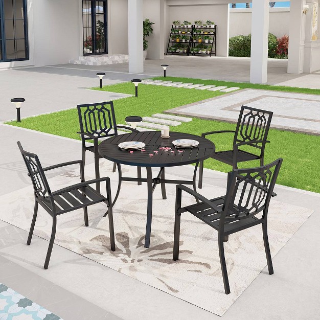 5pc Outdoor Dining Set With Stackable Chairs amp Round Metal Table With Umbrella Hole Black Captiva Designs