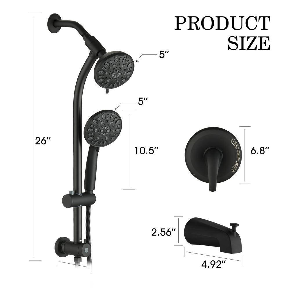 YASINU Single-Handle 7-Spray Settings Round Dual Shower Heads High Pressure Tub Shower Faucet in Matte Black (Valve Included) YNAH437MB