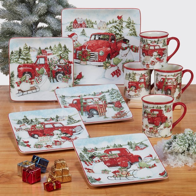 Set Of 4 Red Truck Snowman Dinner Plates Certified International