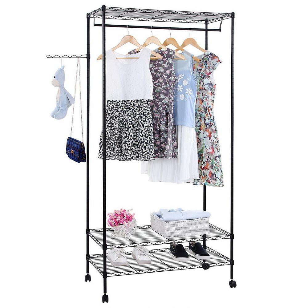 Ktaxon Portable Closet System 3-Tier Garment Rack Rolling Clothing Rack with Adjustable Shelves & Wheels Wardrobe Closet Storage Organizer Unit, Black