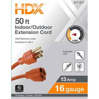 HDX 50 ft. 163 Light Duty IndoorOutdoor Extension Cord Orange HD#277-517