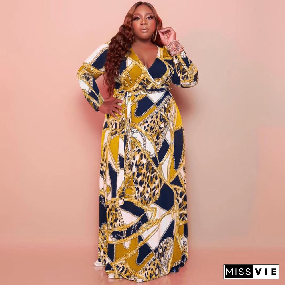 Plus Size Long Sleeve Print with Sashes Maxi Dresses