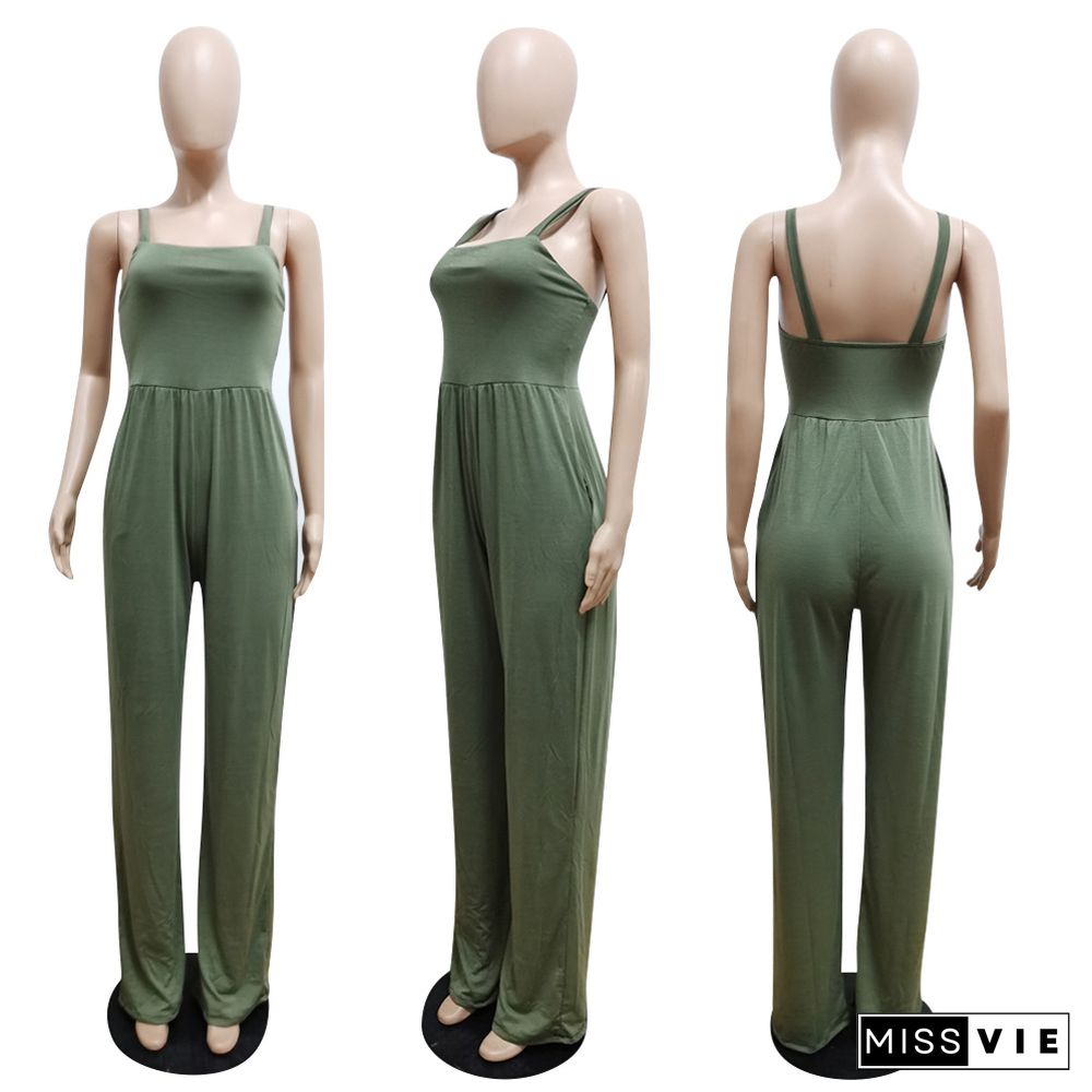 Casual Solid Color Summer Women's Sleeveless High Waist Streetwear Straight Leg jumpsuits