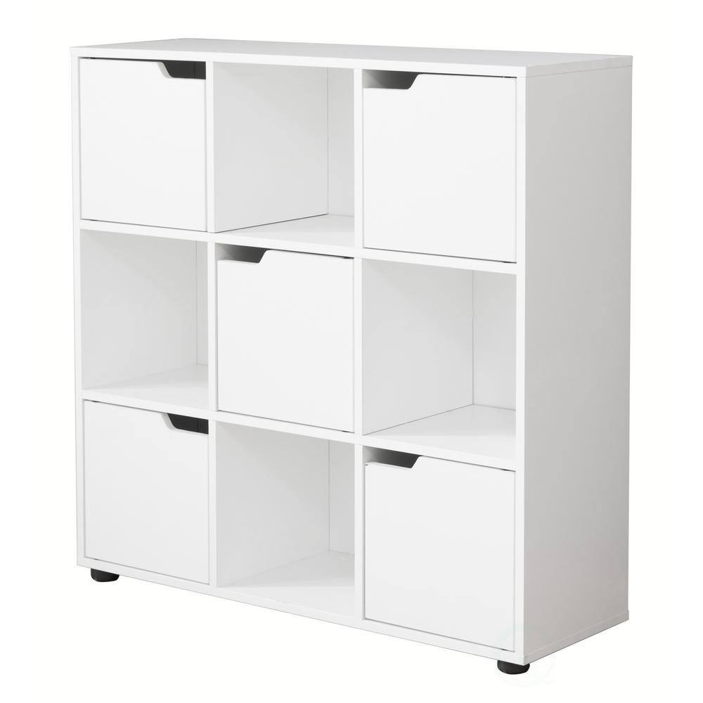 Basicwise 9 Cube Wooden Bookshelf Organizer with 5 Enclosed Doors and 4 Shelves White QI003677W