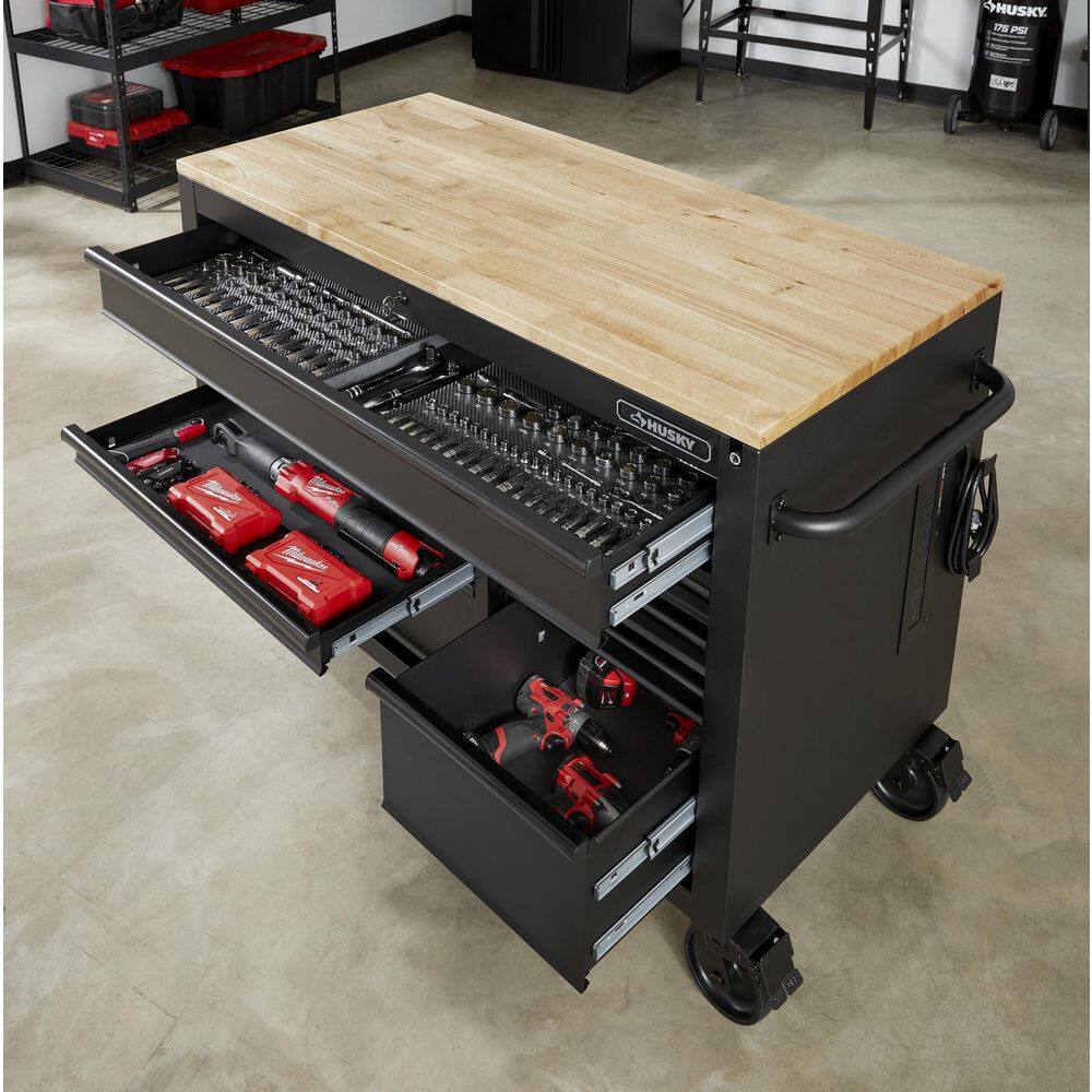 Husky 52 in. W x 25 in. D Heavy Duty 9-Drawer Mobile Workbench Cabinet with Adjustable-Height Hardwood Top in Matte Black HOLC5209BB1M