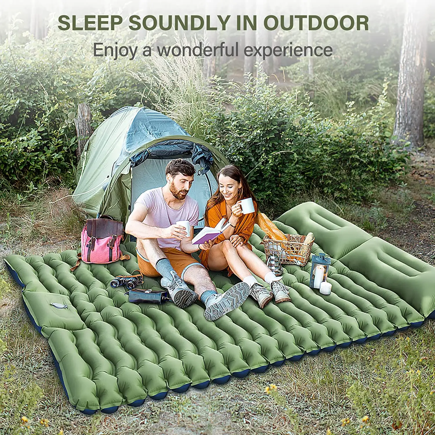 Double Camping Sleeping Pad Inflatable Camping Pad Foot Press Ultralight 2 Person Mat With Pillow for Camping Hiking Traveling