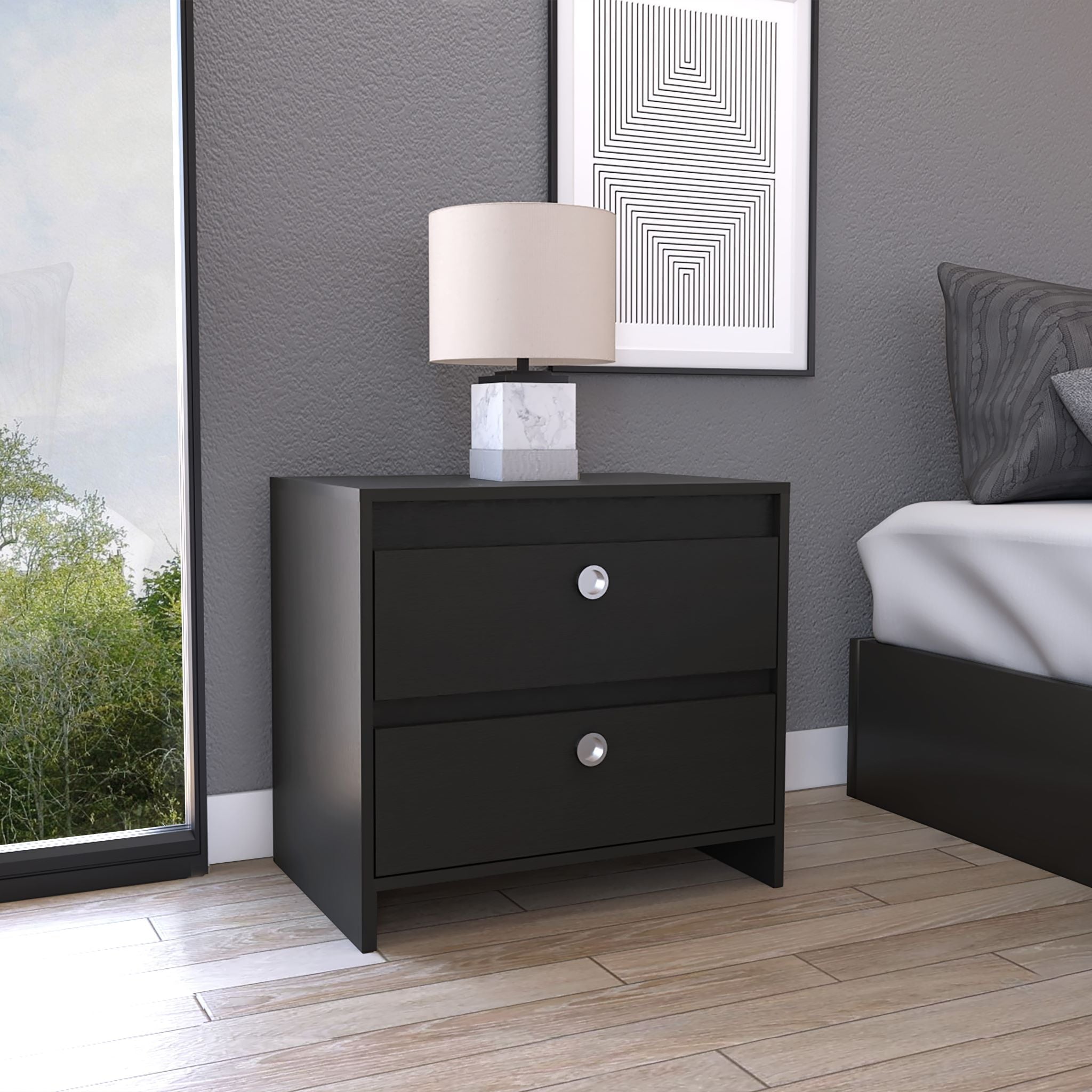 Boahaus Elche Modern Nightstand, Black Painted, 2-Drawers, for Bedroom