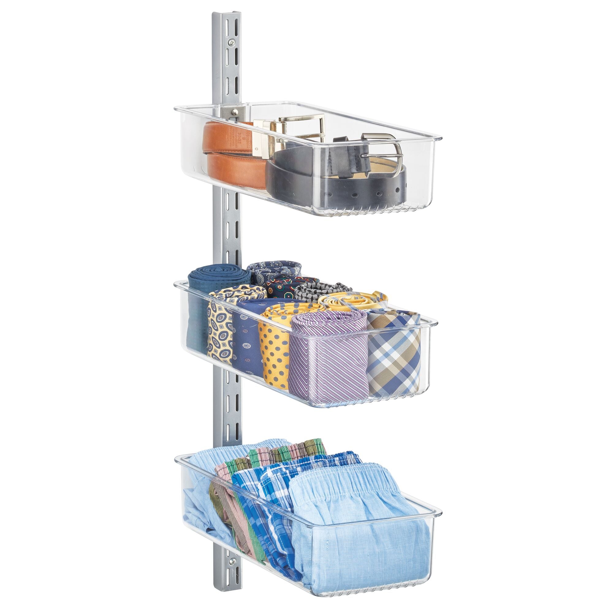 mDesign Plastic Wall Mount Bins with Metal Hanging Bar - Repositionable Bins - For Closet Storage and Organization - Holds Belts, Leggings, Shoes, Purses, Scarfs - Bins 3" high - 3 Bins + Rail - Clear