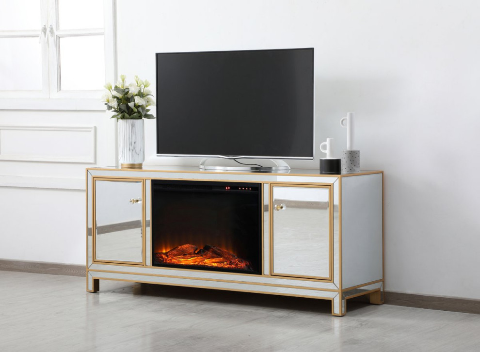 Jesse 60 quotMirrored TV Stand With Wood Fireplace   Contemporary   Entertainment Centers And Tv Stands   by Elegant Furniture  ampLighting  Houzz