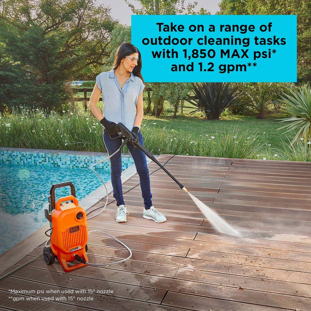 BLACK+DECKER 1850 PSI 1.2 GPM Cold Water Electric Pressure Washer with Integrated Wand and Hose Storage BEPW1850