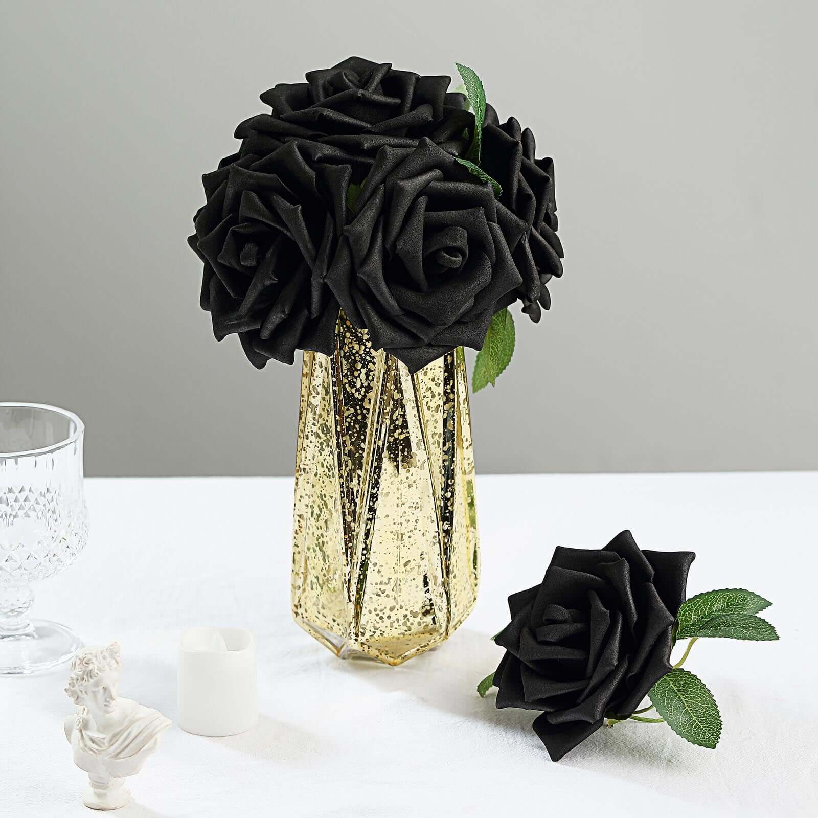 24 Roses Black Artificial Foam Flowers With Stem Wire and Leaves 5