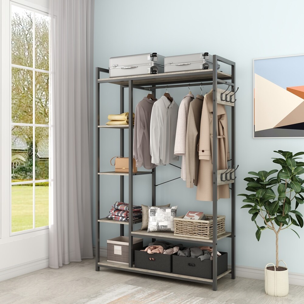 Free Standing Closet Organizer  Portable Garment Rack with Open Shelves and Hanging Rod  Black Metal Frame