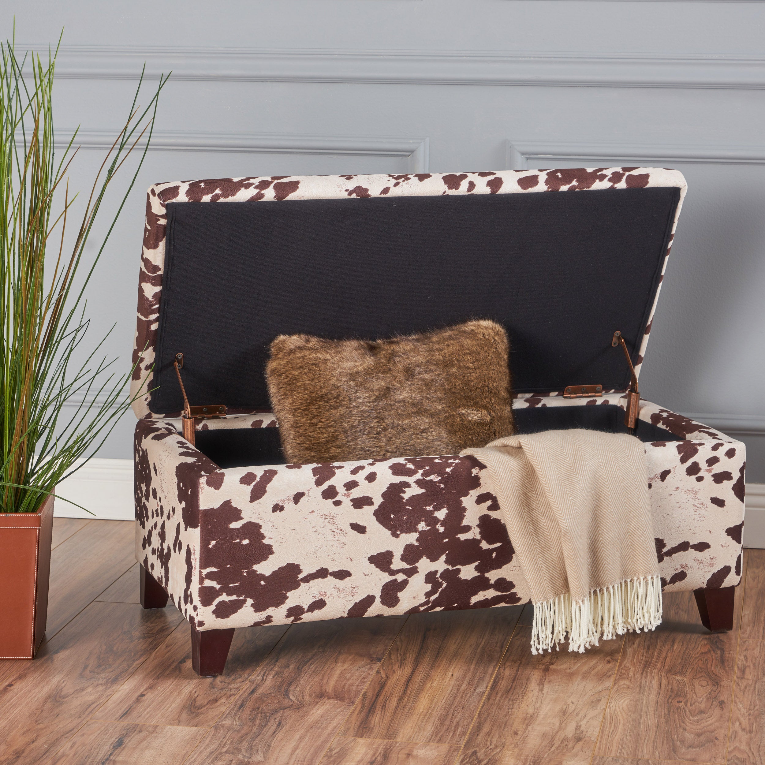 Brianna Rectangle Cow Print Velvet Storage Ottoman Bench