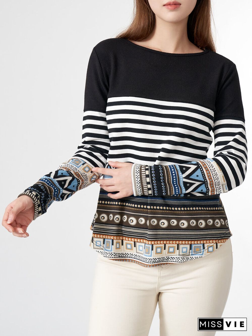 Stripe Tribal Pattern Long Sleeve Crew Neck Casual Sweatshirt