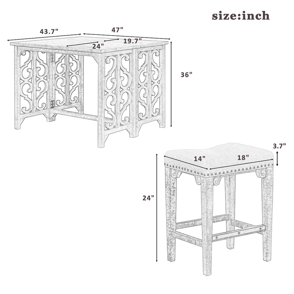 Retro 3 Piece Dining Set Solid Wood Counter Height Pub Set Foldable Table with 2 Saddle Stools for Kitchen  Small Space