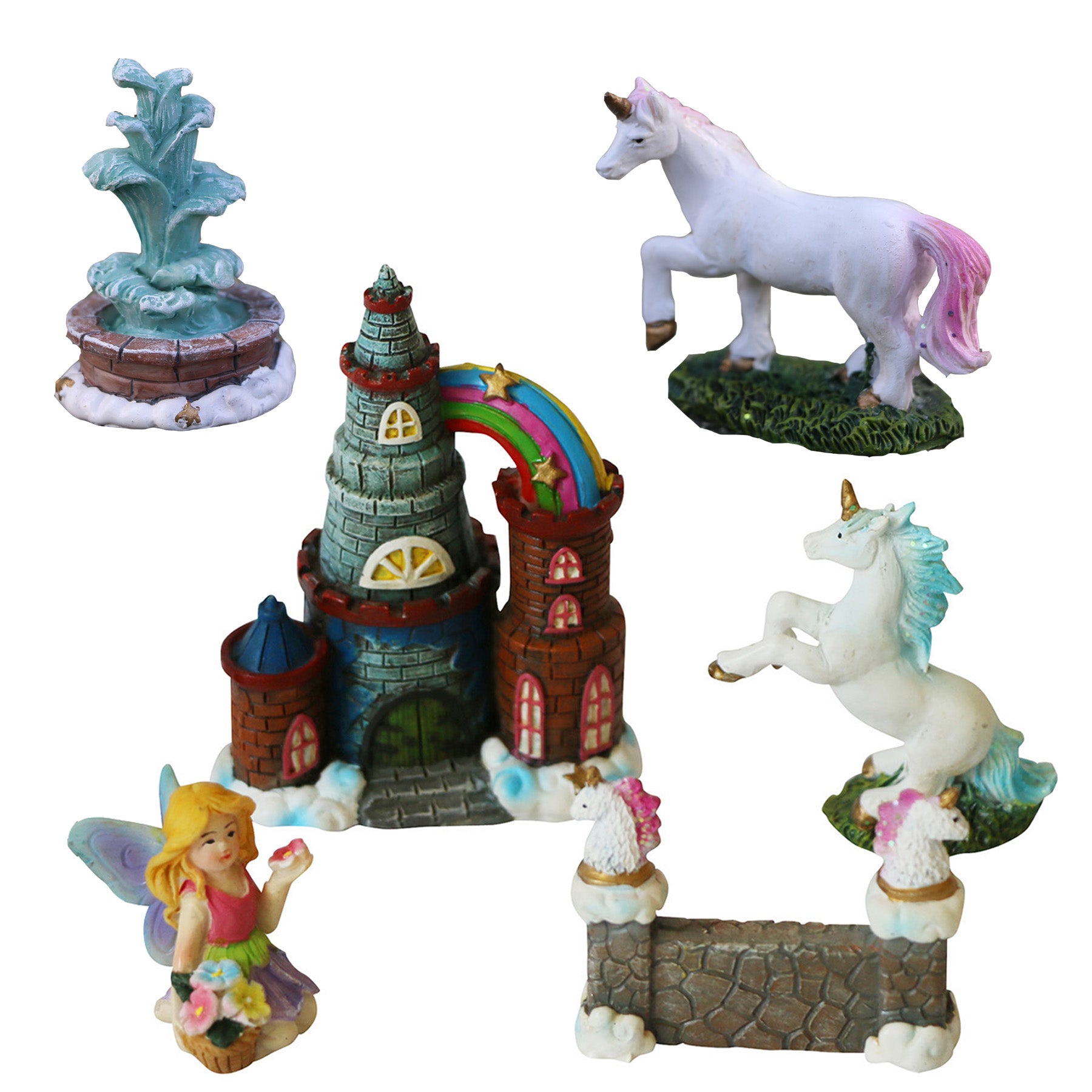 Unicorn Figurines Fairy Garden Accessories Miniature Unicorn Gift Set Outdoor Garden Decoration Fairy Figurines Castle Fountain Girl Birthday Gifts (Set of 23)